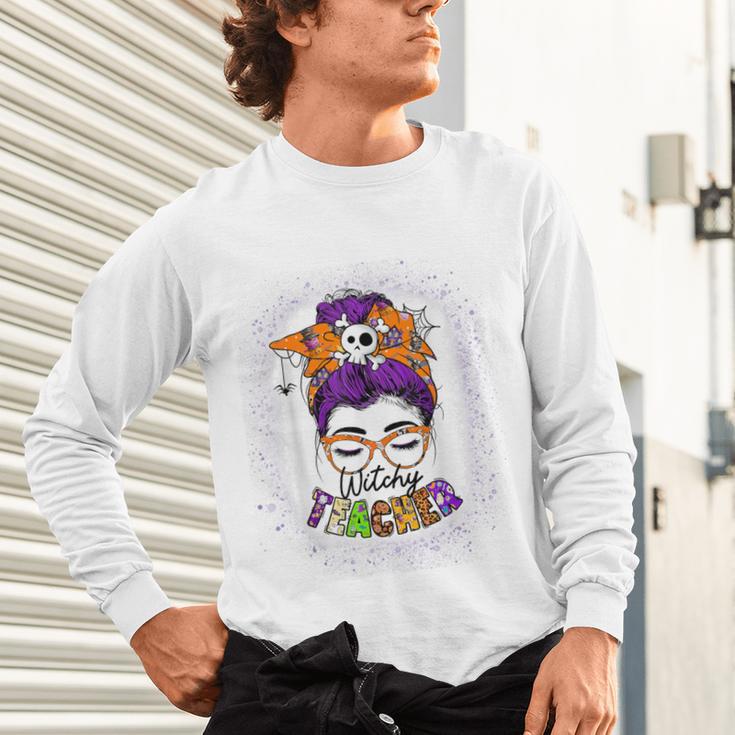 Witchy Teacher Halloween Messy Bun Teacher Bleached Unisex Long Sleeve T-Shirt, gift for family, gift for coworker Witchy Teacher Halloween Messy Bun Teacher Bleached Unisex Long Sleeve T-Shirt, gift for family, gift for coworker