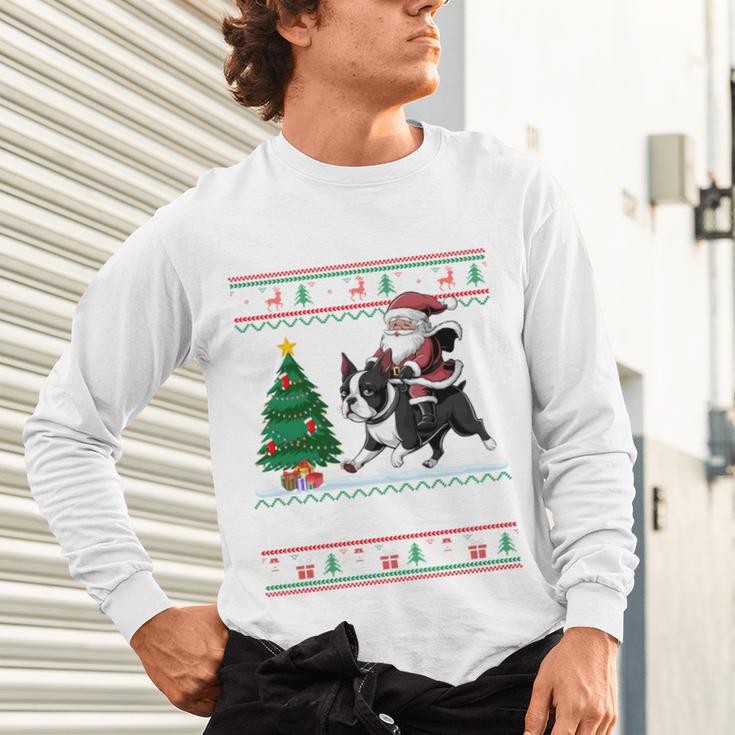Xmas Tree Lighting Santa Riding Boston Terrier Christmas Unisex Long Sleeve T-Shirt, gift for family, gift for coworker
