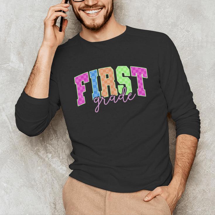Back To School Neon Checkered First Grade Colorful Teacher Unisex Long Sleeve T-Shirt, funny gift Back To School Neon Checkered First Grade Colorful Teacher Unisex Long Sleeve T-Shirt, funny gift