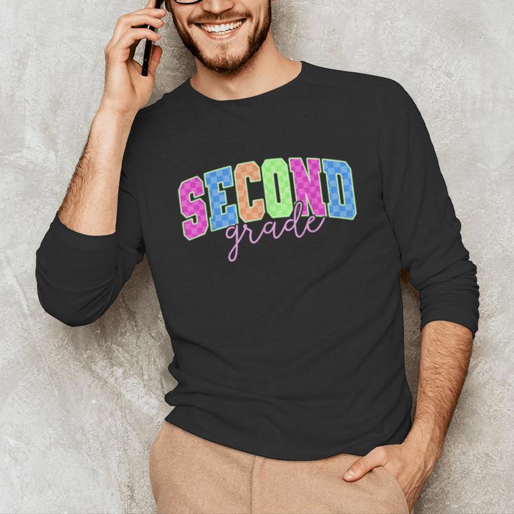 Back To School Neon Checkered Second Grade Colorful Teacher Unisex Long Sleeve T-Shirt, funny gift