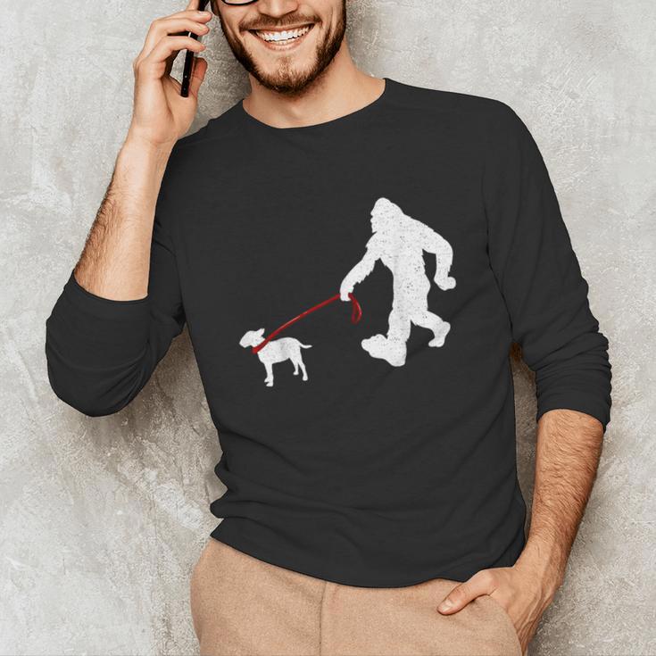 Bigfoot Walking With Bull Terrier Dog Unisex Long Sleeve T-Shirt, funny gift