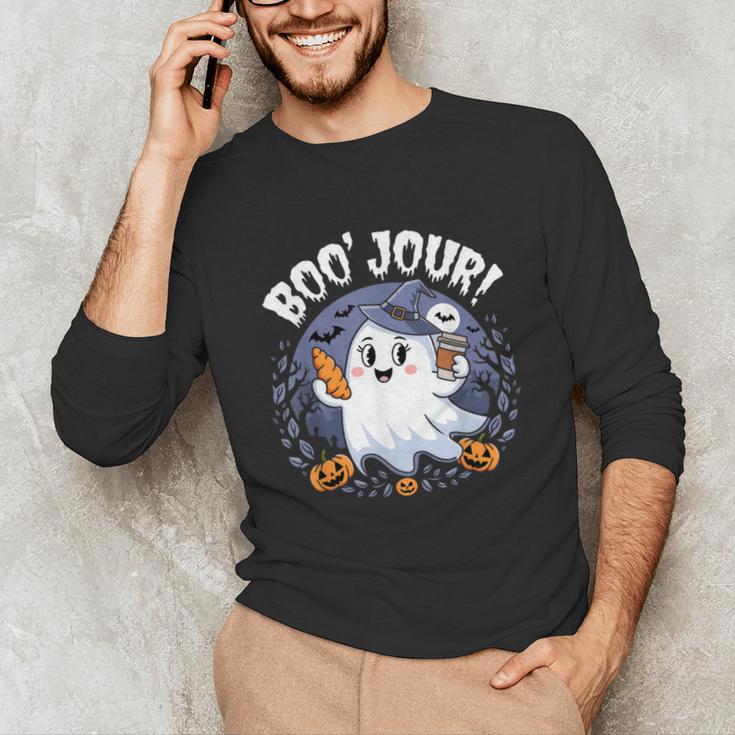 Boo Jour Ghost Halloween French Teacher Cute Coffe Croissant Unisex Long Sleeve T-Shirt, funny gift