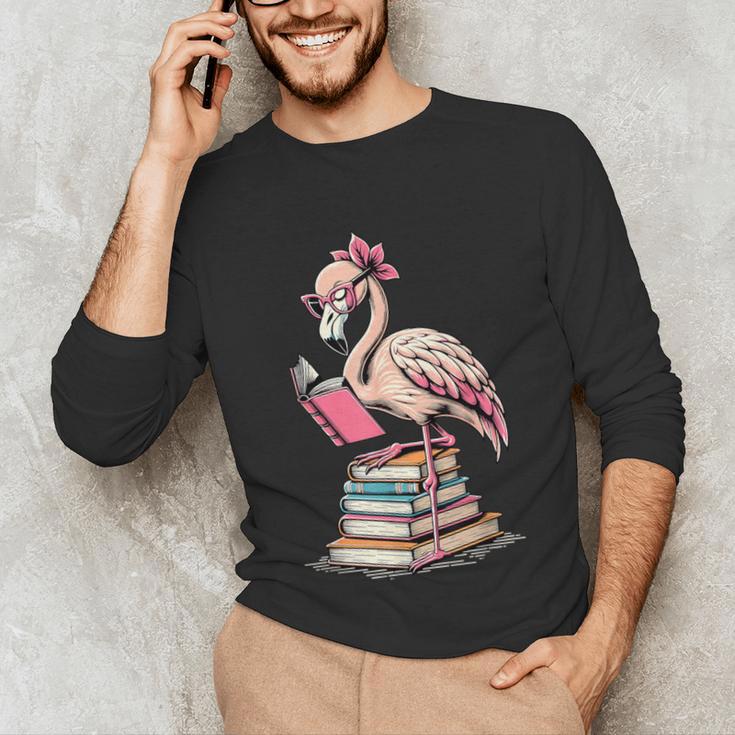 Book Lover Cute Flamingo Reading Teacher Librarian Women Unisex Long Sleeve T-Shirt, funny gift