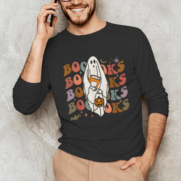 Booooks Ghost Halloween Groovy Vintage Teacher Book Reading Unisex Long Sleeve T-Shirt, funny gift