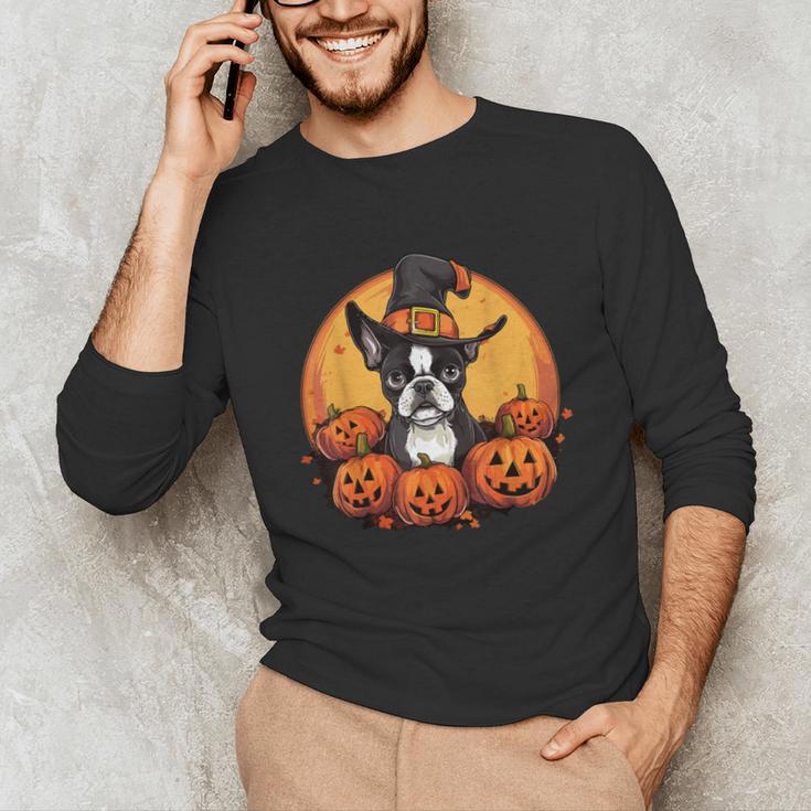 Boston Terrier Bostie Dog Breed Pet Halloween Pumpkins Unisex Long Sleeve T-Shirt, funny gift