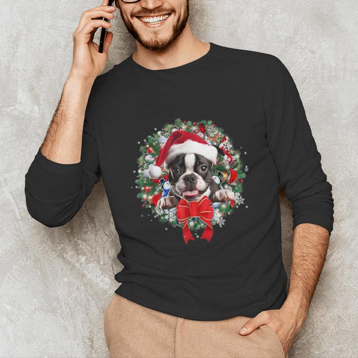 Boston Terrier Christmas Wreath Decoration Xmas Pajamas Unisex Long Sleeve T-Shirt, funny gift