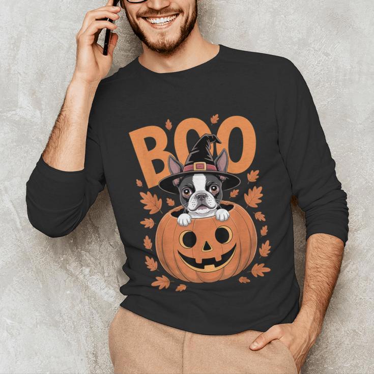 Boston Terrier Costume On Pumpkin Halloween Boston Terrier Unisex Long Sleeve T-Shirt, funny gift