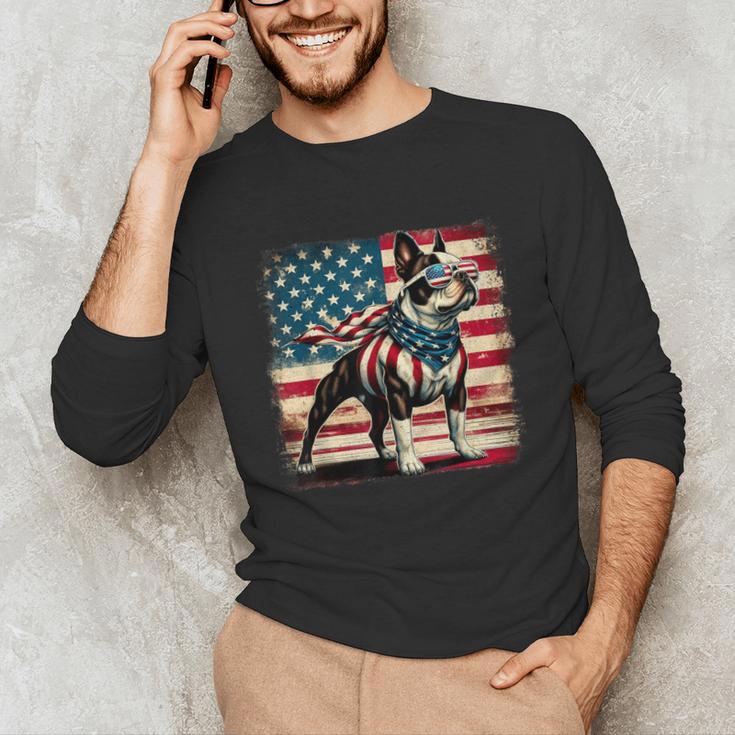 Boston Terrier Dog 4th Of July USA American Flag Patriotic Unisex Long Sleeve T-Shirt, funny gift