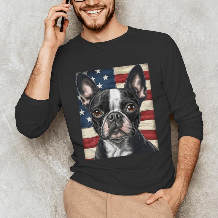 Boston Terrier Dog American Flag 4th Of July Patriotic Puppy Unisex Long Sleeve T-Shirt, funny gift