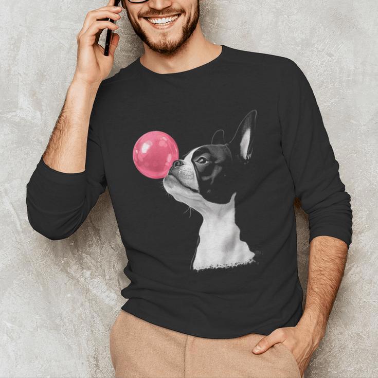 Boston Terrier Dog Blowing Chewing Bubble Gum Pink Unisex Long Sleeve T-Shirt, funny gift