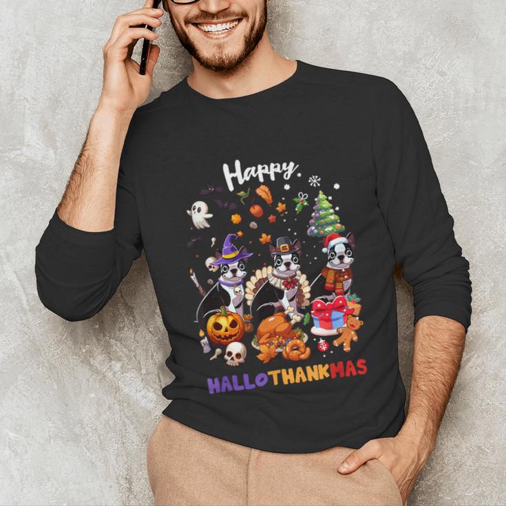 Boston Terrier Dog Christmas Happy Hallothankmas Halloween For Men Women Kids Unisex Long Sleeve T-Shirt, funny gift