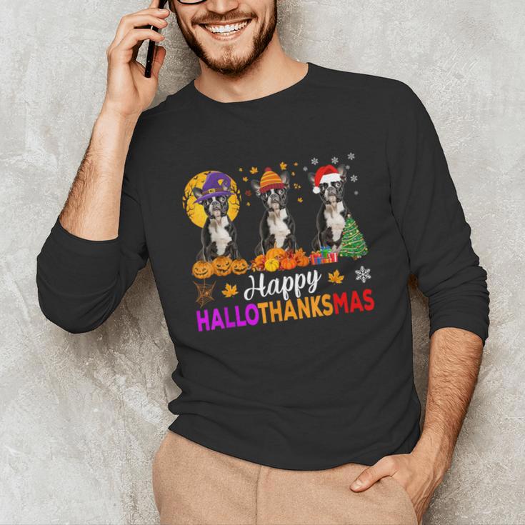 Boston Terrier Dog Halloween Christmas Hallothanksmas Men Women Kids Unisex Long Sleeve T-Shirt, funny gift