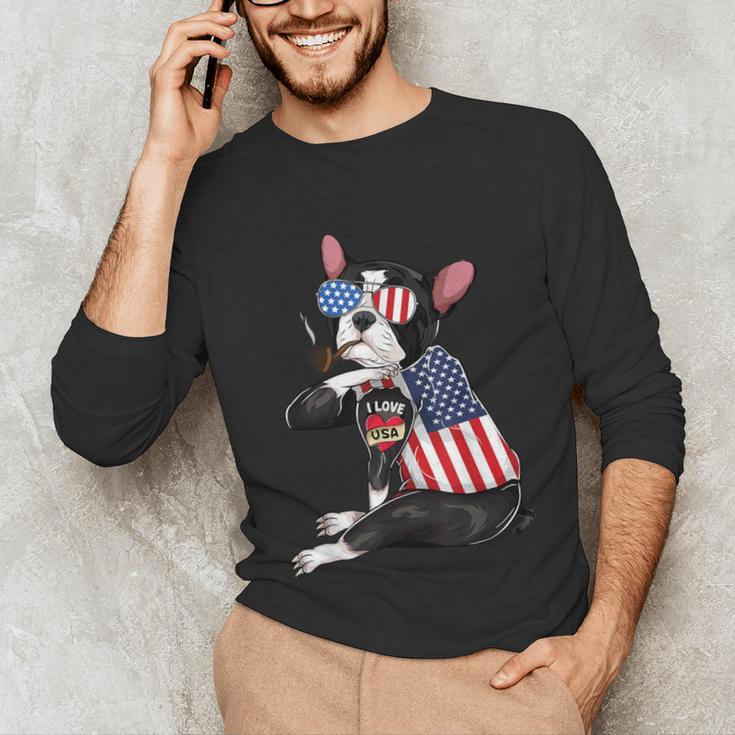 Boston Terrier Dog Merica 4th Of July Usa American Flag Men Unisex Long Sleeve T-Shirt, funny gift
