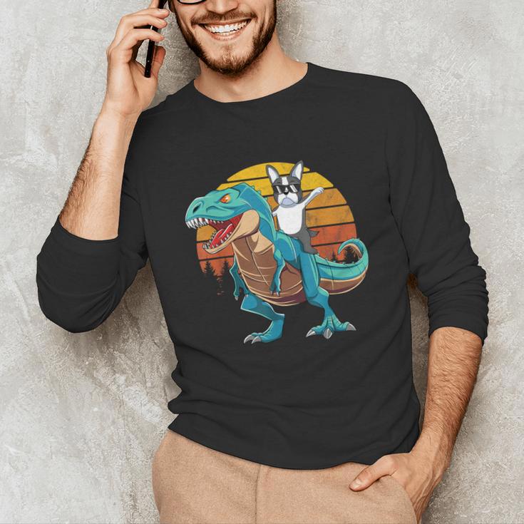 Boston Terrier Dog Riding Dinosaur T Rex Boys Unisex Long Sleeve T-Shirt, funny gift