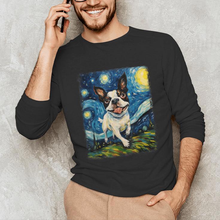 Boston Terrier Dog Starry Night Painting Unisex Long Sleeve T-Shirt, funny gift