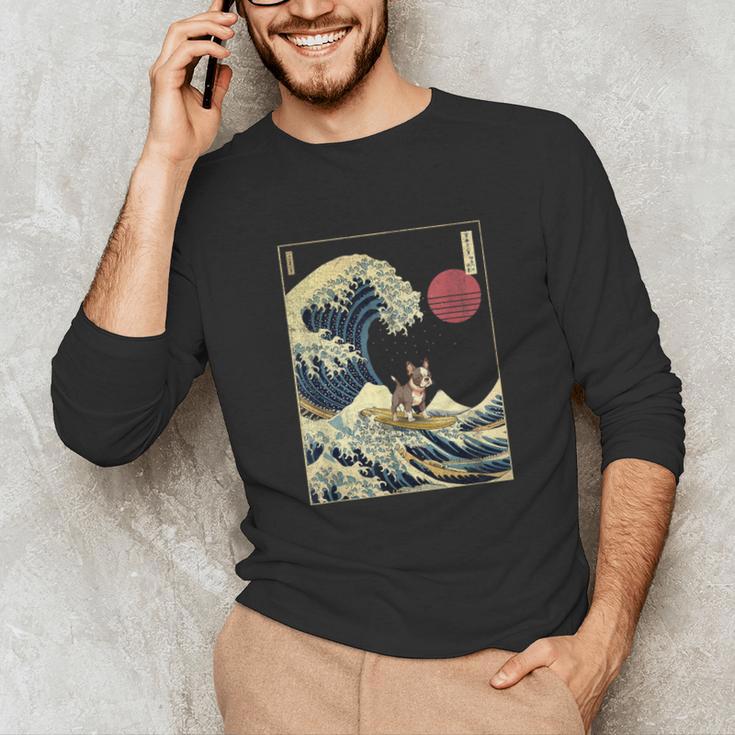 Boston Terrier Japanese Kanagawa Wave Surf Dog Unisex Long Sleeve T-Shirt, funny gift