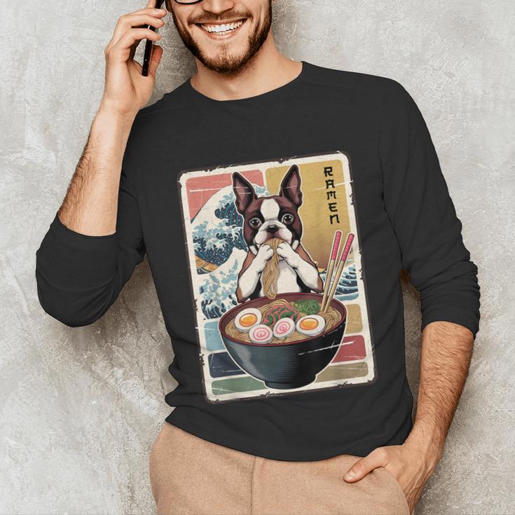 Boston Terrier Ramen Noodles Japanese Art Retro Ocean Waves Unisex Long Sleeve T-Shirt, funny gift