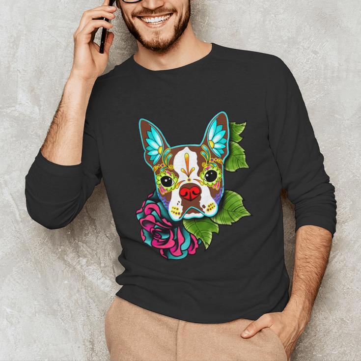 Boston Terrier In Red Day Of The Dead Sugar Skull Dog Unisex Long Sleeve T-Shirt, funny gift