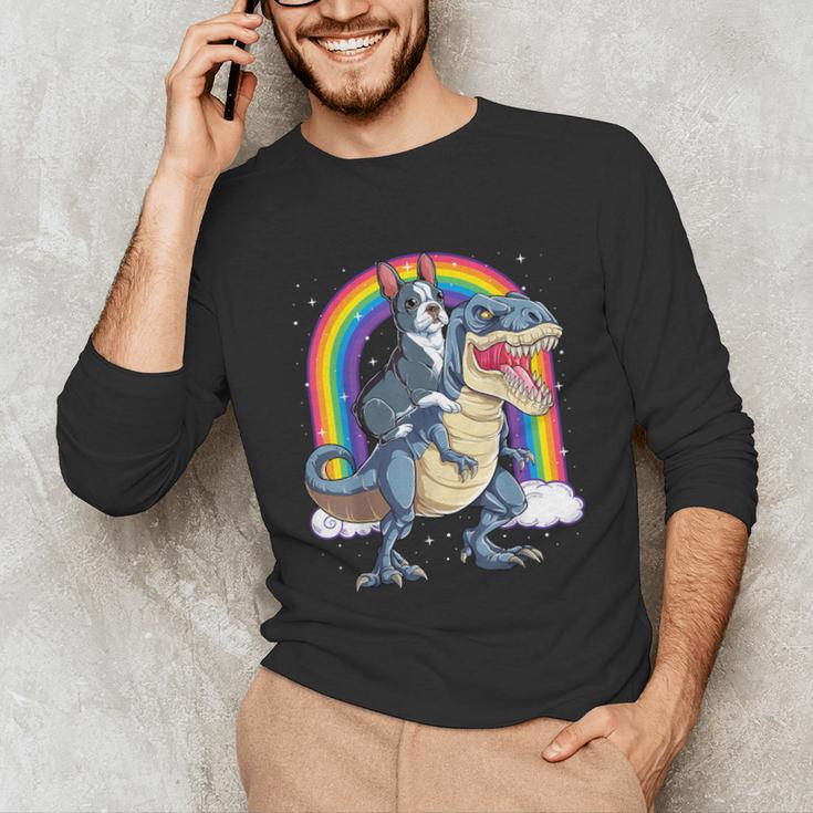 Boston Terrier Riding Dinosaur T-Rex Boys Kids Rainbow Unisex Long Sleeve T-Shirt, funny gift