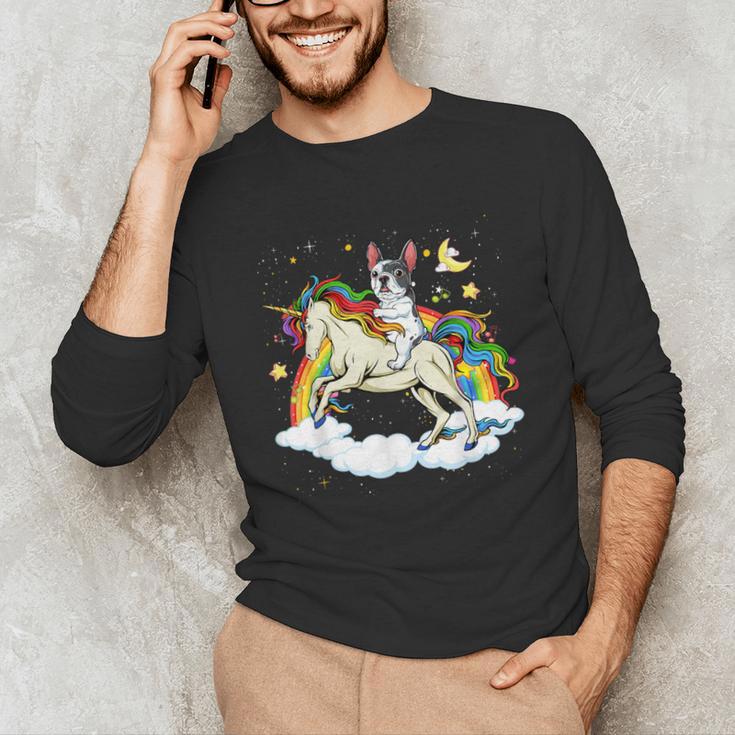 Boston Terrier Riding Unicorn Boys Girls Kids Rainbow Unisex Long Sleeve T-Shirt, funny gift