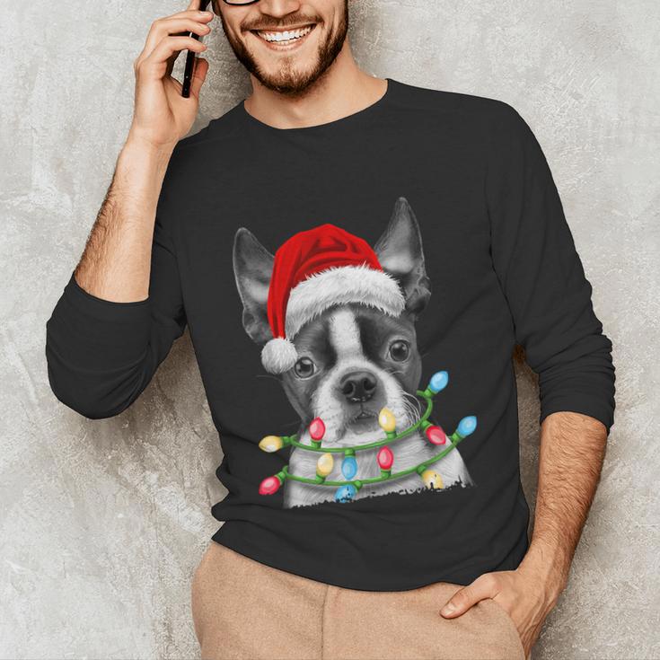 Boston Terrier Santa Christmas Tree Lights Xmas Boys Men Dog Unisex Long Sleeve T-Shirt, funny gift