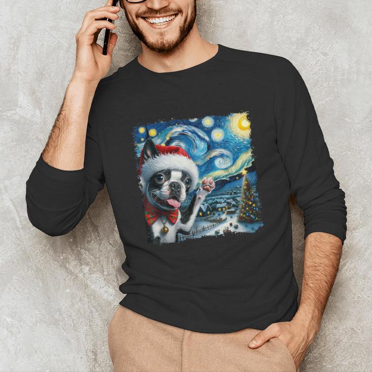 Boston Terrier Santa Starry Night Van Gogh Christmas Dog Men Women Kids Unisex Long Sleeve T-Shirt, funny gift