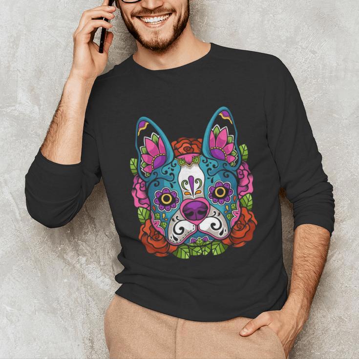 Boston Terrier Sugar Skull Dog Day Of The Dead Unisex Long Sleeve T-Shirt, funny gift