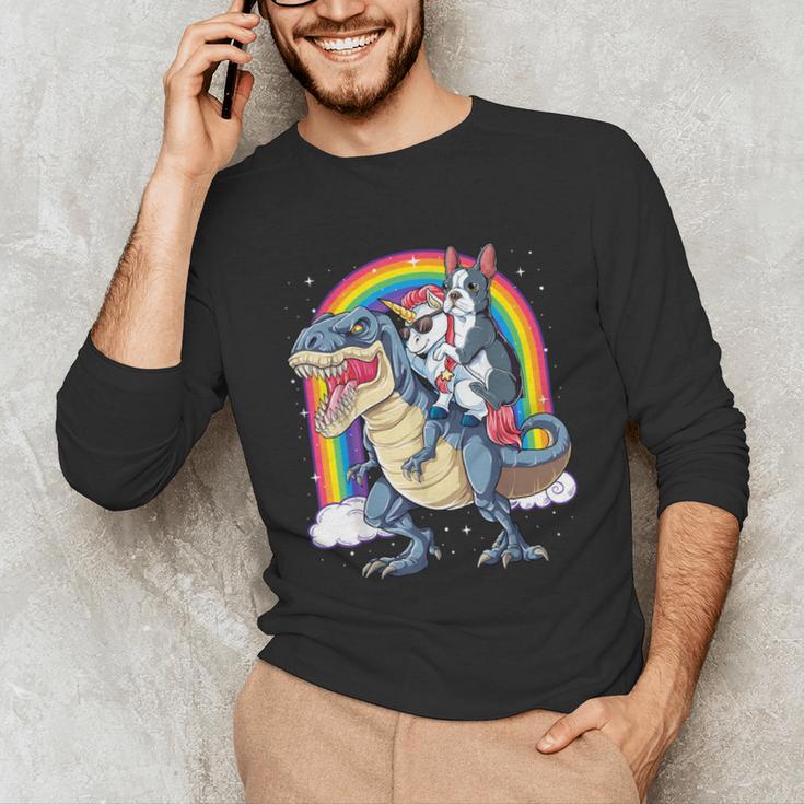 Boston Terrier Unicorn Riding Dinosaur T-Rex Girls Rainbow Unisex Long Sleeve T-Shirt, funny gift