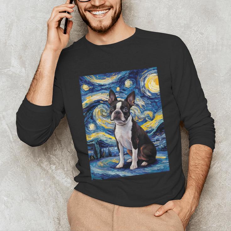 Boston Terrier Van Gogh Starry Night Unisex Long Sleeve T-Shirt, funny gift