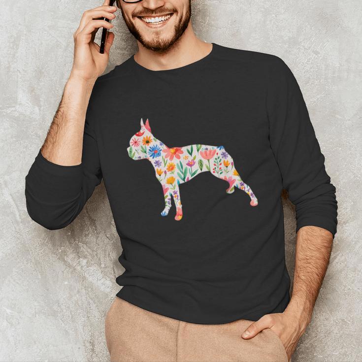 Boston Terrier Watercolor Flowers Unisex Long Sleeve T-Shirt, funny gift