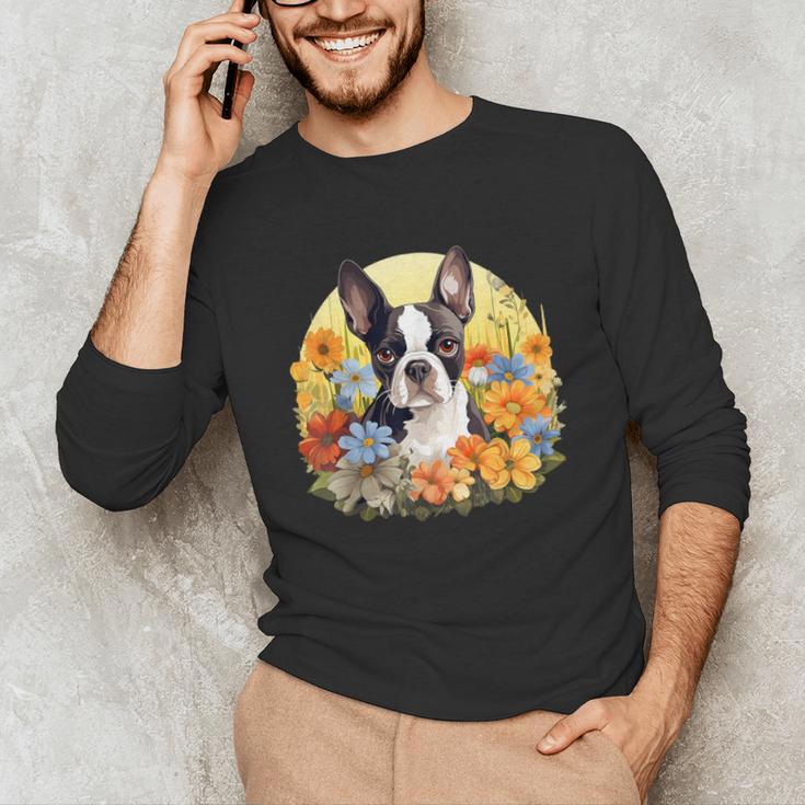 Cute Boston Terrier Spring Flower Garden Colorful Puppy Dog Unisex Long Sleeve T-Shirt, funny gift