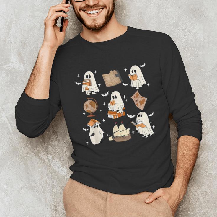 Cute Ghosts Reading Book Bookworm Halloween History Teacher Unisex Long Sleeve T-Shirt, funny gift