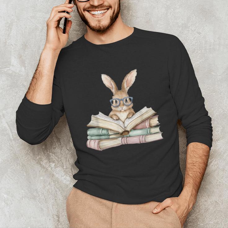 Cute Reading Bunny Glasses Books Bookworm Reader Teacher Unisex Long Sleeve T-Shirt, funny gift