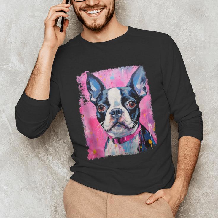 Dog Pink Boston Terrier Unisex Long Sleeve T-Shirt, funny gift