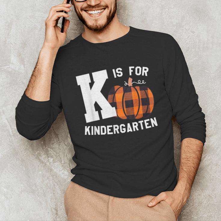 Fall Kindergarten Teacher K Is For Buffalo Plaid Pumpkin Unisex Long Sleeve T-Shirt, funny gift