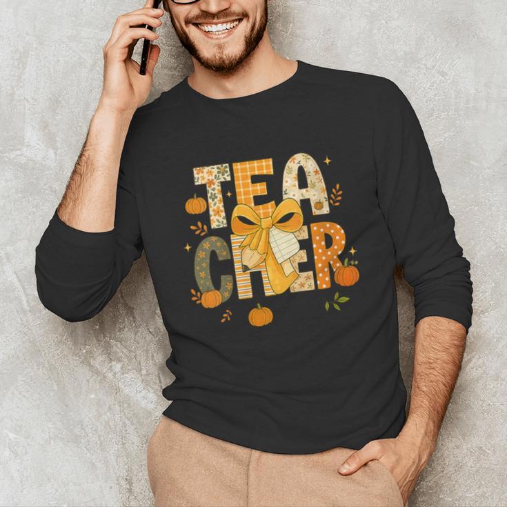 Fall Teacher Pumpkin Coquette Bow Autumn Classroom Unisex Long Sleeve T-Shirt, funny gift Fall Teacher Pumpkin Coquette Bow Autumn Classroom Unisex Long Sleeve T-Shirt, funny gift