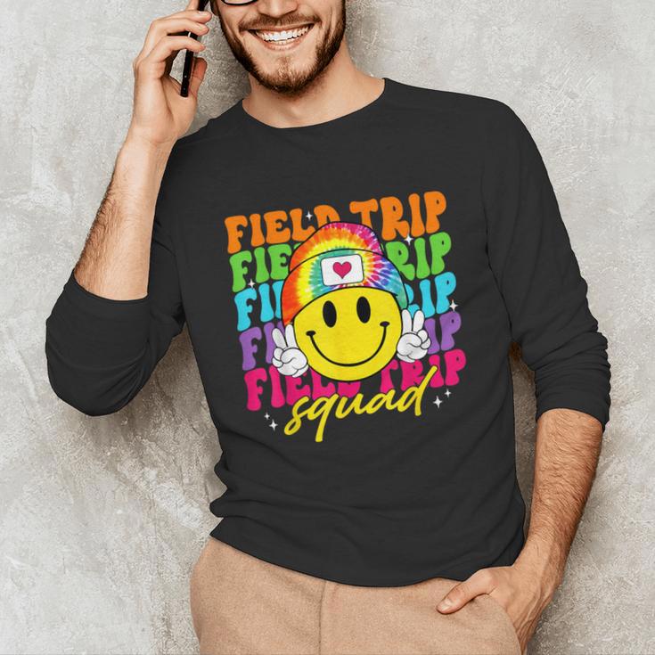 Field Trip Squad Groovy Field Day Smile Face Teacher Tie Dye Unisex Long Sleeve T-Shirt, funny gift
