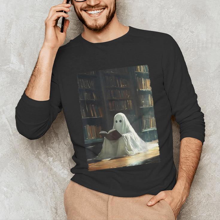 Ghost Library Halloween Book Reading Books Lover Teacher Unisex Long Sleeve T-Shirt, funny gift