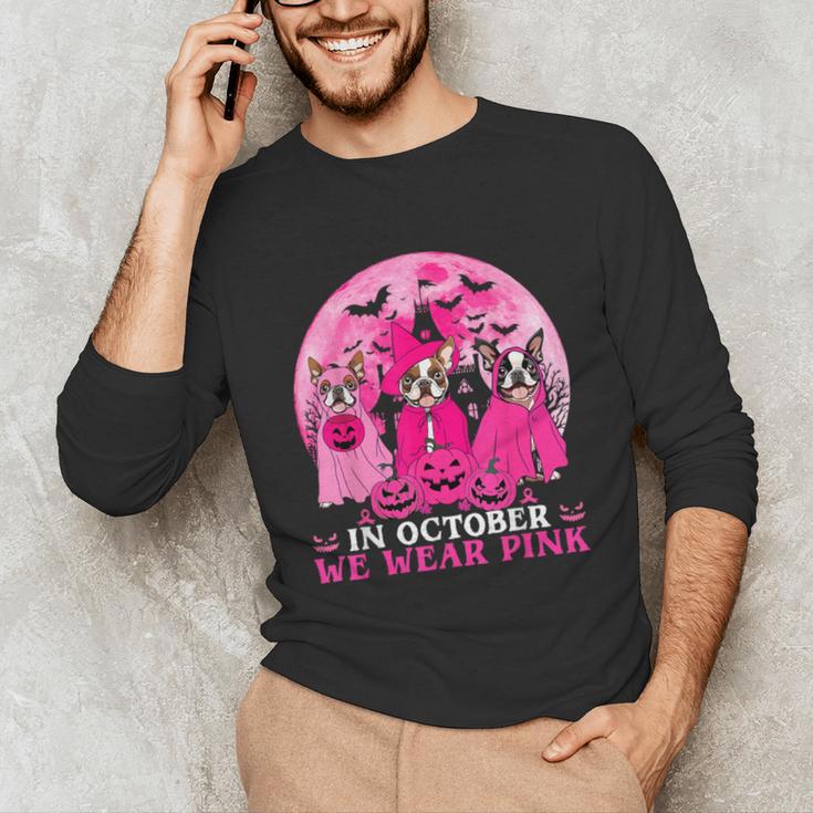 Ghost And Witch Boston Terrier Dog In October We Wear Pink Unisex Long Sleeve T-Shirt, funny gift