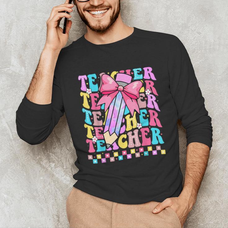 Groovy Teacher Cute Coquette Bow Flower Retro Back To School Unisex Long Sleeve T-Shirt, funny gift