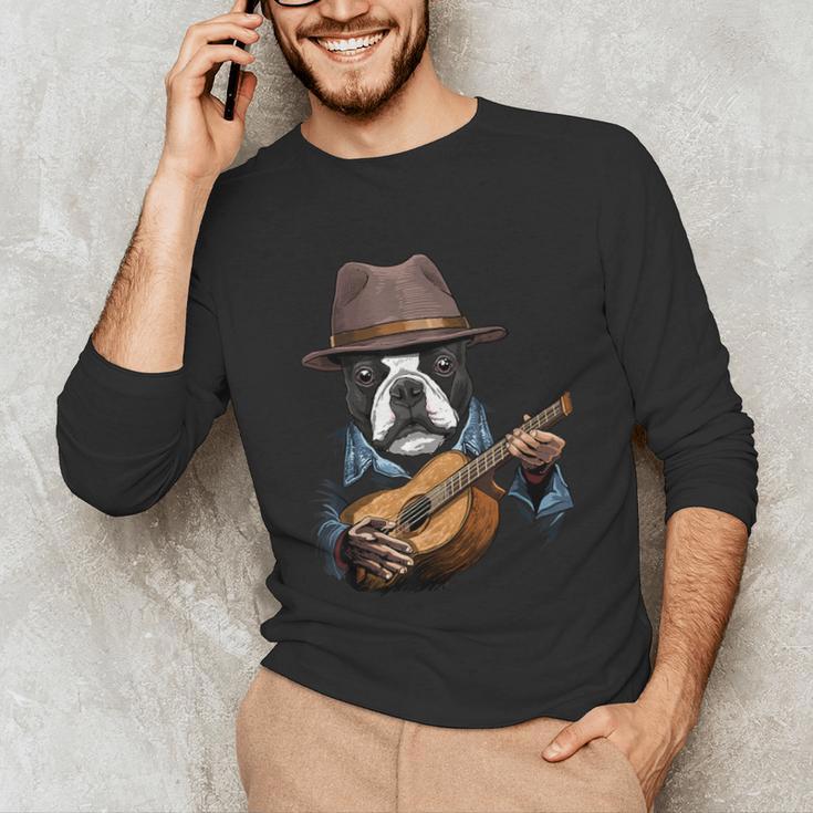 Guitar Shirt Boston Terrier Dog Playing Acoustic Guitar Unisex Long Sleeve T-Shirt, funny gift