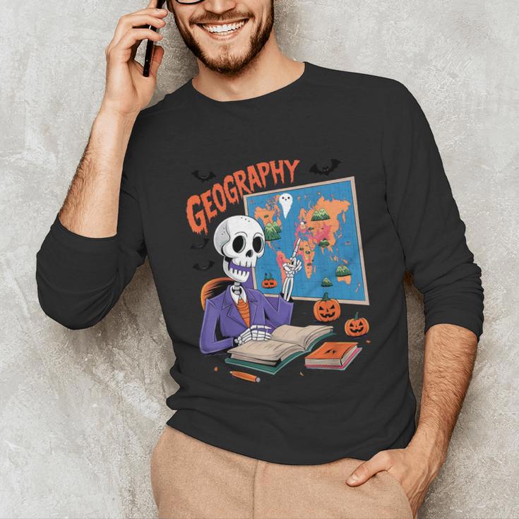 Halloween Skeleton Geography Teacher Pumpkin Bats Classroom Unisex Long Sleeve T-Shirt, funny gift Halloween Skeleton Geography Teacher Pumpkin Bats Classroom Unisex Long Sleeve T-Shirt, funny gift