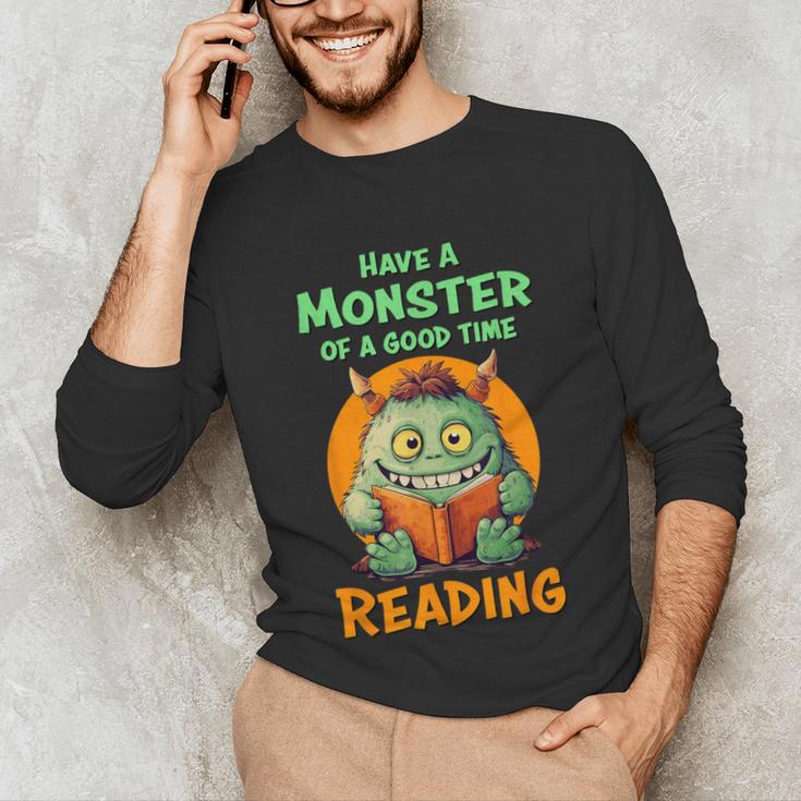 Halloween Teacher Librarian Monster Reading Books Men Women Kids Unisex Long Sleeve T-Shirt, funny gift
