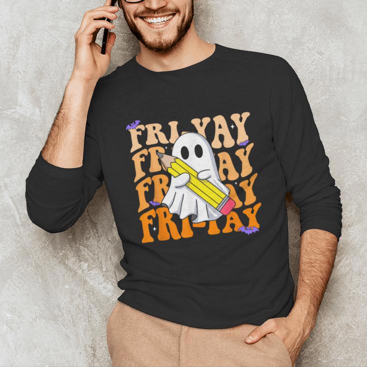 Happy Fri-Yay Friday Lovers Groovy Teacher Life Halloween Unisex Long Sleeve T-Shirt, funny gift