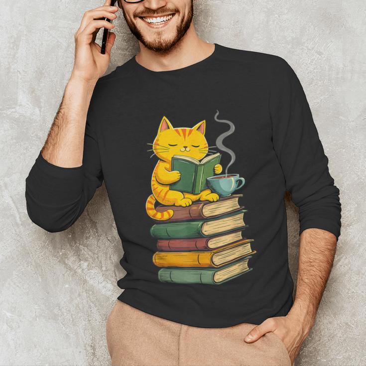 Kawaii Cats Lover Coffee Books Teacher Librarian Cat Unisex Long Sleeve T-Shirt, funny gift