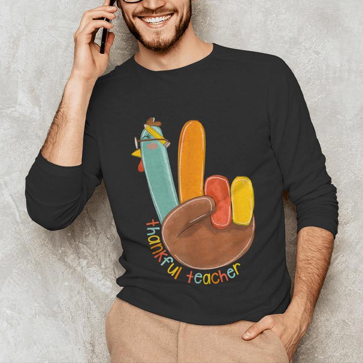 One Thankful Teacher Thanksgiving Turkey Peace Hand Sign Unisex Long Sleeve T-Shirt, funny gift
