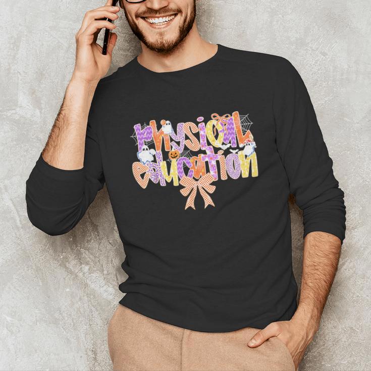 Physical Education Halloween Bow Checkered Teacher Ghost PE Unisex Long Sleeve T-Shirt, funny gift