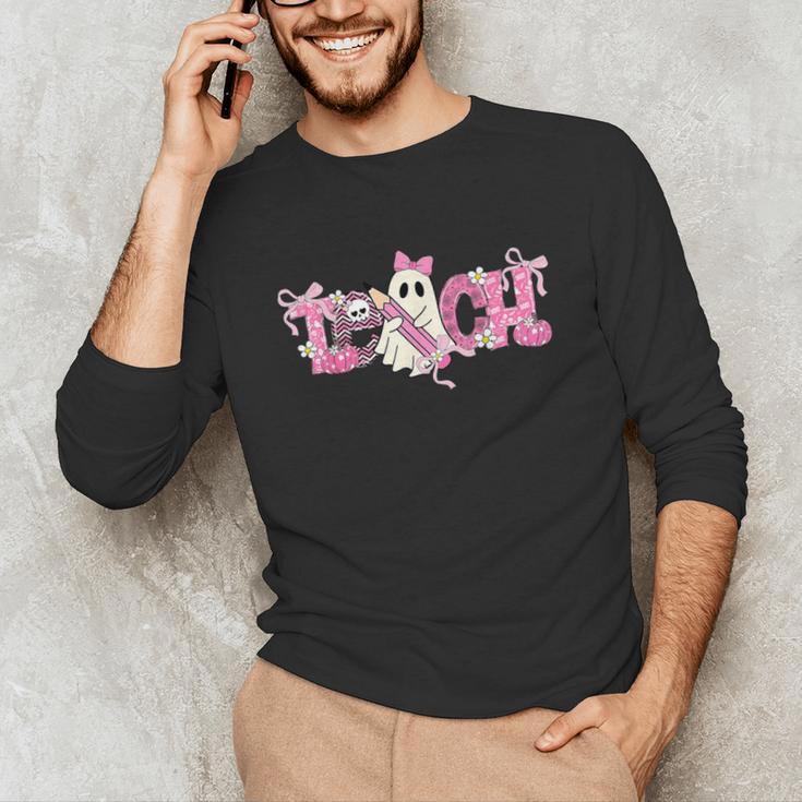 Pink Ghost Teach Halloween Teacher In Spooky Season Unisex Long Sleeve T-Shirt, funny gift