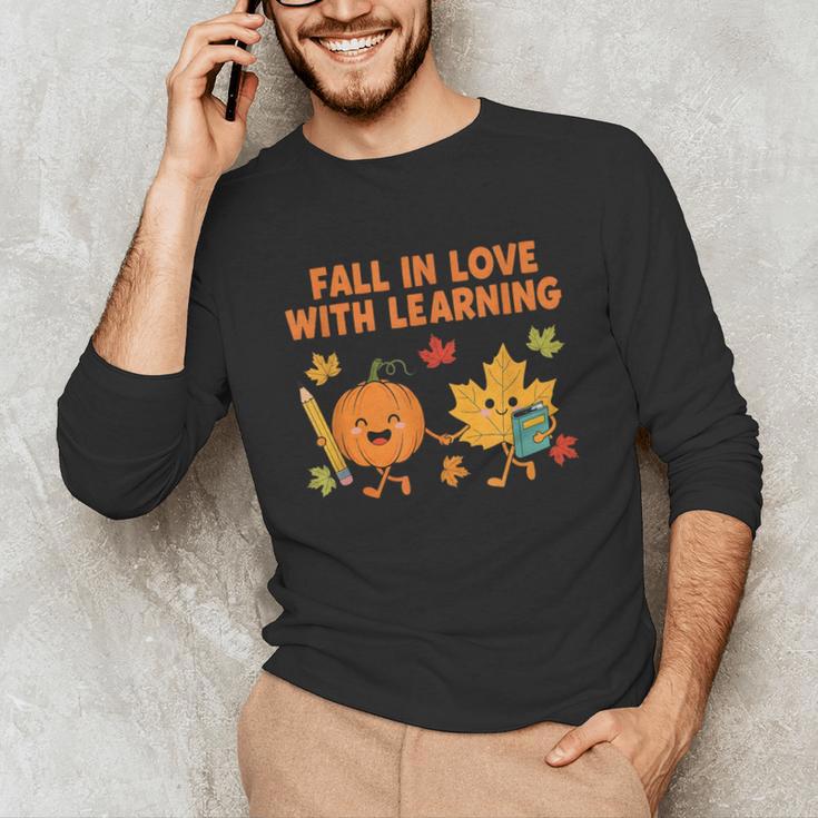 Retro Fall In Love With Learning Autumn Pumpkin Teacher Unisex Long Sleeve T-Shirt, funny gift