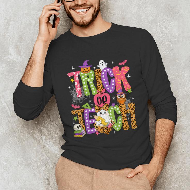 Retro Trick Or Teach Leopard Ghost Halloween Spooky Teacher Unisex Long Sleeve T-Shirt, funny gift